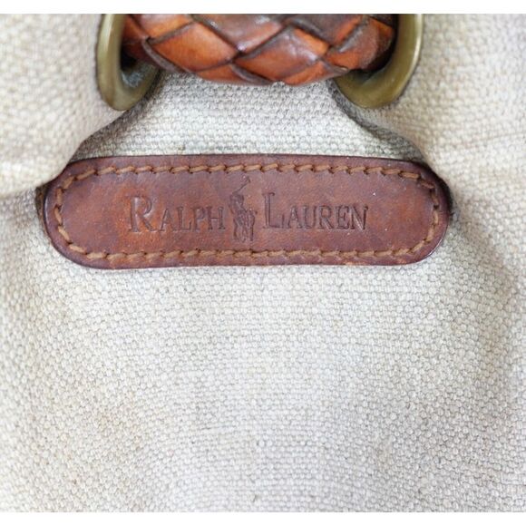 Vintage Ralph Lauren Drawstring Bucket Bag Linen & Brown Leather Braided Strap - Picture 4 of 11
